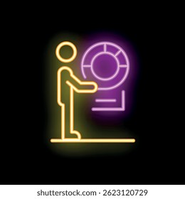 Neon sign of a businessman presenting growing chart statistics