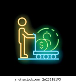 Neon sign of a businessman pushing a cart with a dollar symbol on it, representing the concept of wealth