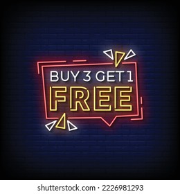 Neon Sign buy 3 get 1 free with brick wall background vector