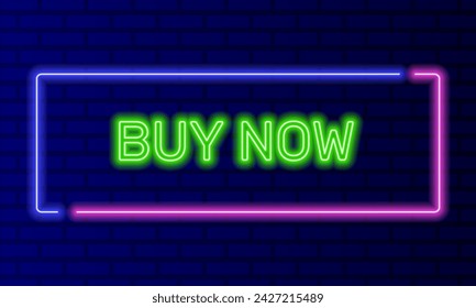 Neon sign buy now in speech bubble frame on brick wall background vector. Light banner on the wall background. Buy now button order navigation, design template, night neon signboard