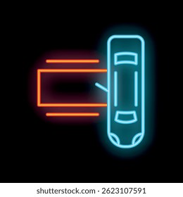 Neon sign of a car exiting a parking lot at night, with copy space for your text or design