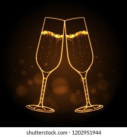 Neon sign of champage glass on gold background. Champagne silhouette