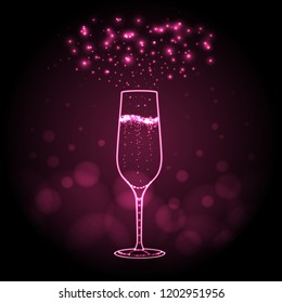 Neon sign of champage glass on pink background. Champagne silhouette