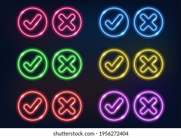 Neon sign. Check mark and cross in neon style. Set of neon buttons. Glowing lines on a dark background.