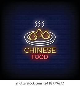 Neon Sign chinese food with brick wall background vector