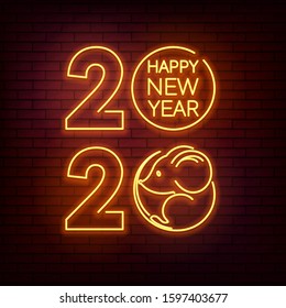 Neon Sign of Chinese New Year 2020. Bright yellow numbers with a wish of a happy new year and a mouse silhouette on a purple brick wall background.