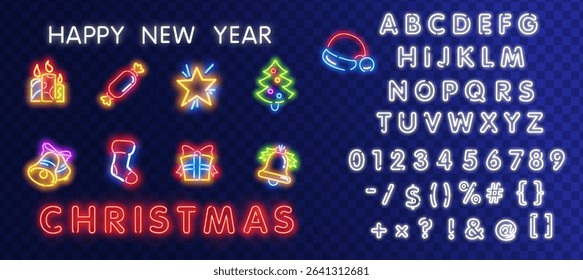 Neon sign with a Christmas atmosphere. Festive mood. A banner with shiny letters. The glowing alphabet. Icons of boots, fir tree, gift, bell,candy.New Year's invitation.