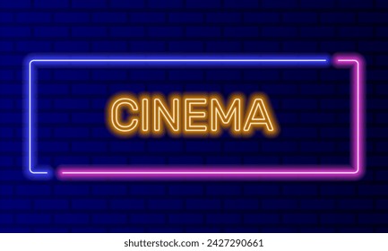 Cine de neón en el marco de la burbuja del habla en el vector del fondo de la pared de ladrillo. Banner de luz en el fondo de la pared. Botón de cine para película o película, plantilla de diseño, letrero de neón nocturno