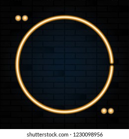Neon sign circle quote bubble in black brick background. Vector illustration.