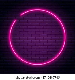 Neon Sign In Circle Shape. Bright Neon Light, Illuminated Round Frame. Glowing Purple Neon Tube On Dark Background. Signboard Or Banner Template In 80s And 90s Style. Vector