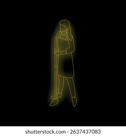 Neon sign of a cleaning lady holding a mop, glowing on a black background