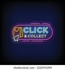 Neon Sign click and collect with brick wall background vector