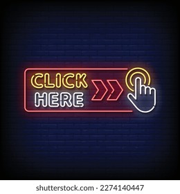 Neon Sign click here with brick wall background vector