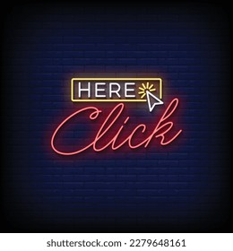 Neon Sign click here with brick wall background vector
