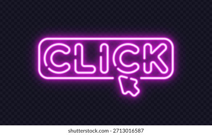 Sinal de néon com texto CLICK e um símbolo de cursor brilhante, ideal para botões, links ou interfaces da Web.
