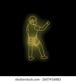 Neon sign of a climber wearing a safety harness and helmet climbing upward using a rope