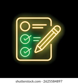 Neon sign of a clipboard with a pencil drawing check marks for voting, to do list, checklist, survey, or questionnaire