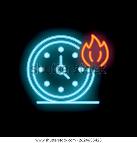 Neon sign of a clock burning with bright fire flame symbolizing time pressure and urgency
