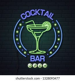 Neon Sign Cocktail Bar On Brick Wall Background. Vintage Electric Signboard.