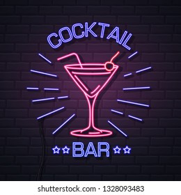 Neon sign cocktail bar on brick wall background. Vintage electric signboard.