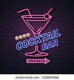 Neon sign cocktail bar on brick wall background. Vintage electric signboard.