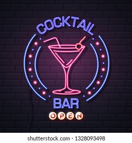 Neon Sign Cocktail Bar On Brick Wall Background. Vintage Electric Signboard.