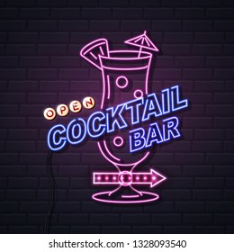Neon sign cocktail bar on brick wall background. Vintage electric signboard.