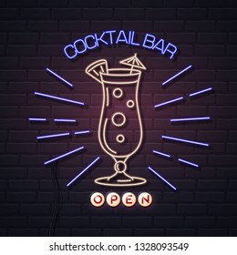 Neon sign cocktail bar on brick wall background. Vintage electric signboard.