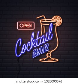 Neon sign cocktail bar on brick wall background. Vintage electric signboard.