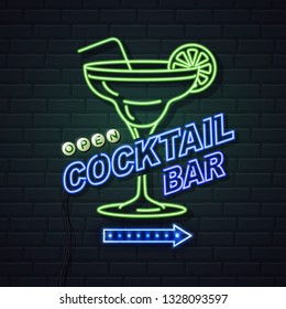 Neon sign cocktail bar on brick wall background. Vintage electric signboard.