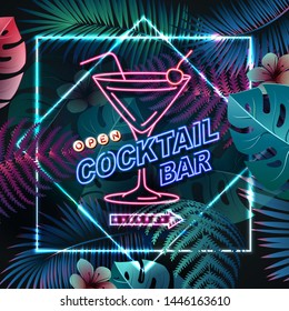 Neon sign cocktail bar on fluorescent tropic leaves background. Vintage electric signboard.