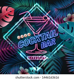 Neon sign cocktail bar on fluorescent tropic leaves background. Vintage electric signboard.