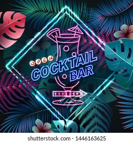 Neon sign cocktail bar on fluorescent tropic leaves background. Vintage electric signboard.