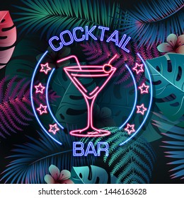 Neon sign cocktail bar on fluorescent tropic leaves background. Vintage electric signboard.