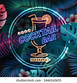 Neon sign cocktail bar on fluorescent tropic leaves background. Vintage electric signboard.
