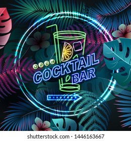 Neon sign cocktail bar on fluorescent tropic leaves background. Vintage electric signboard.