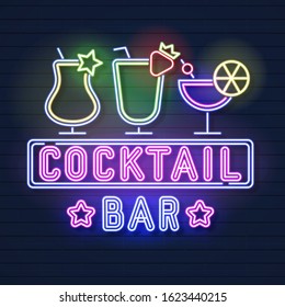Neon Sign. Cocktail Bar Vector Illustration For Flyer And Web Design
