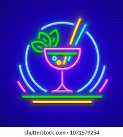 Neon sign. Cocktail in glass with mint leaves. Mojito bar icon made of neon lamps with highlight. EPS10 vector illustration.