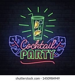 Neon sign cocktail party with fluorescent tropic leaves. Vintage electric signboard.