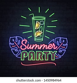 Neon sign cocktail party with fluorescent tropic leaves. Vintage electric signboard.