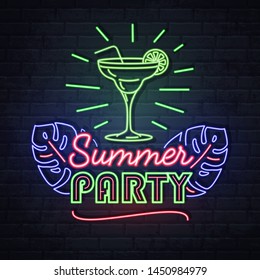Neon sign cocktail party with fluorescent tropic leaves. Vintage electric signboard.