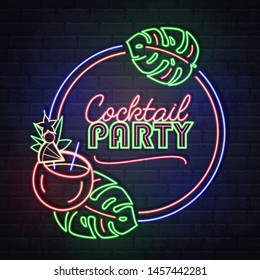 Neon sign cocktail party with fluorescent tropic leaves. Vintage electric signboard.