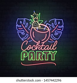 Neon sign cocktail party with fluorescent tropic leaves. Vintage electric signboard.