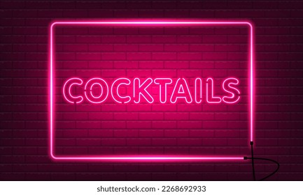 Neon sign Cocktails with glass in frame on brick wall background. Vintage pink electric signboard with bright neon lights. Drink Night Club. Bar neon sign light falls. Vector illustration