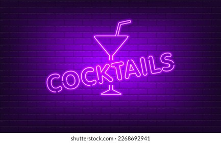 Neon sign Cocktails with glass on brick wall background. Vintage purple electric signboard with bright neon lights. Drink Night Club. Bar neon sign light falls. Vector illustration