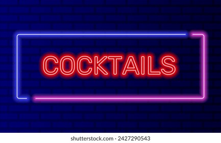 Neon sign cocktails in speech bubble frame on brick wall background vector. Light banner on wall background. Cocktails button alcohol shake, drinking canteen, design template, night neon signboard