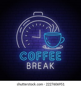 Señal de neón Descanso para café, hora de café. Logo de Neon para cafés y cafeterías. Señal brillante. emblema, pancarta. Imagen del vector