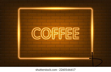 Neon sign COFFEE in a frame on brick wall background. Vintage electric signboard with bright neon lights. Orange light falls. Vector illustration.