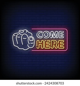 Neon Sign come here with brick wall background vector