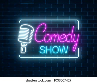 Neon sign of comedy show with retro microphone symbol on a brick wall background. Humor monolog stand up glowing signboard. Vector illustration.